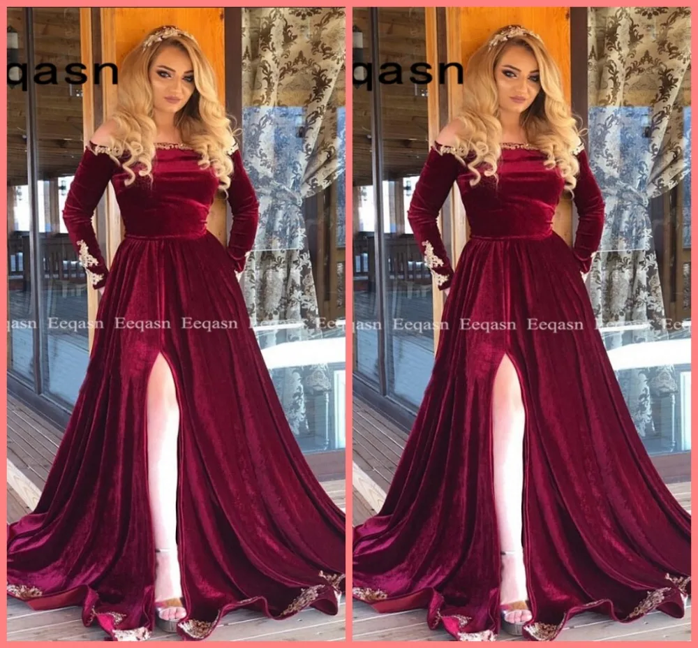 

Burgundy Velvet Long Sleeves Evening Dress 2019 Saudi Arabic Muslim Women Formal Prom Gowns Dubai Kaftan Vestidos de festa
