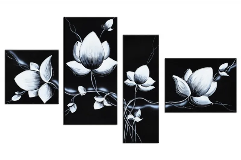

Handmade Acrylic Floral Paintings on Canvas Home Decor Wall Art Handpainted Abstract Flowers Black Oil Painting 4 Panel Pictures