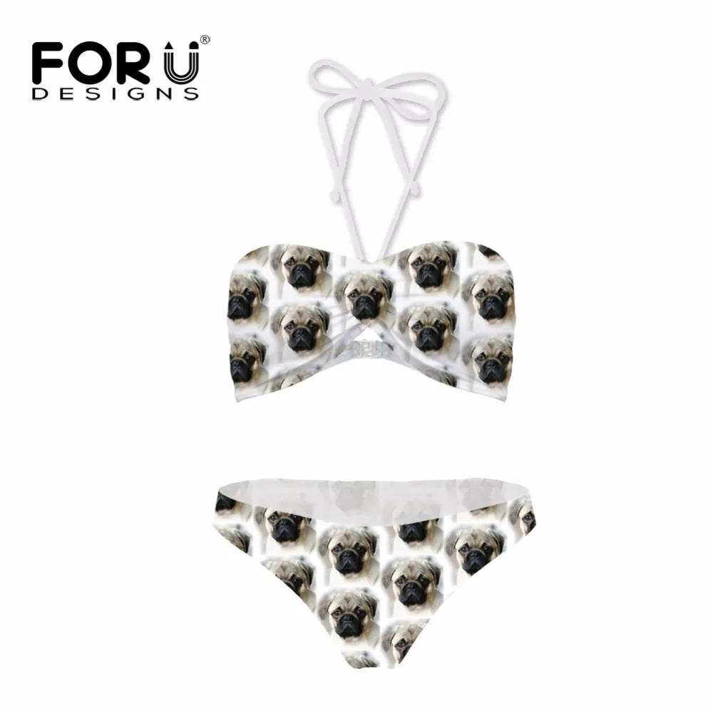 

FORUDESGINS Swimsuit Bikini Set Cute Pug Dog Printing Swimwear Women Two-piece Suit Brazilian Bikini Swimming Suit for Women