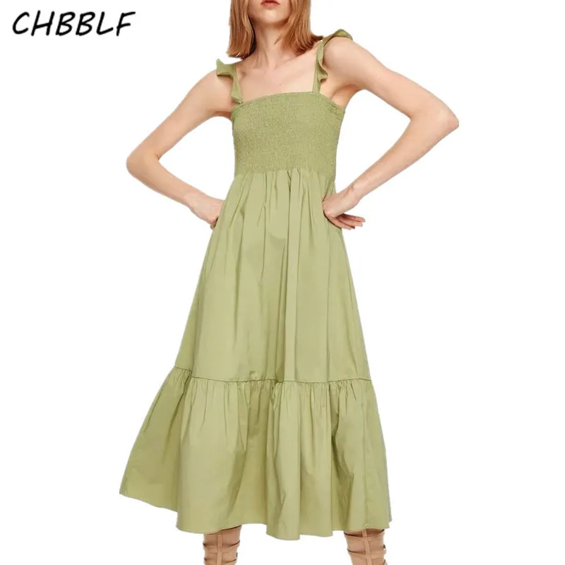 

CHBBLF women green square collar backless midi dress sleeveless stretchy pleated female casual pleated dresses XSZ19109