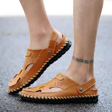 

Men's sandals 2019 new summer soft bottom breathable sandals leather beach shoes Baotou sandals and slippers