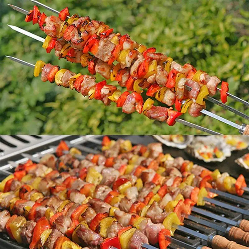 6/10/12pcs Wooden BBQ Shish Kebab Skewers 16.5in 42cm Stainless Steel BBQ Sticks Barbecue Skewer Flat Stick Grill Kabob Needle