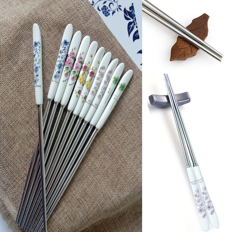 

Ceramic Handle Stainless Steel Chopsticks Slip Set Creative Flower Chinese Style Household Utensils Kitchen Tableware