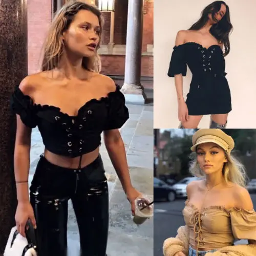 

Fashion Women Summer Tees Crop Top Sunsuit Off Shoulder Lace-up Ruffles Short Sleeve Bandeau Top Sexy Ladies V-neck Tanks Camis