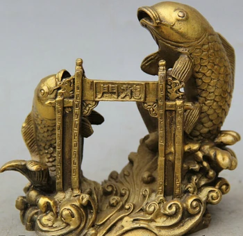 

WBY912+++5" Chinese Feng Shui Brass Two Fish barracuda Pass Dragon Door Statue Sculpture