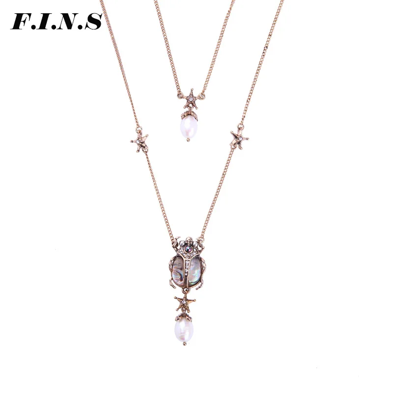 

F.I.N.S Crystal Insect Beetle Long Chain Necklace Cultured Pearl Pendant Necklacse MultiLayer Fashion Necklaces for Women 2018