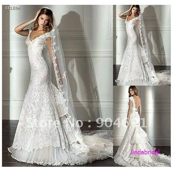 Ancient Cap sleeves V Neckline Bridal Gown White Lace ...