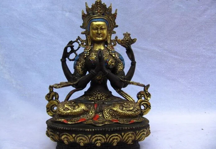 

Collectible bronze S2399 8"Tibet Bronze gild Four-armed Avalokitesvara Kwan-Yin Bodhisattva Buddha Statue (B0328)