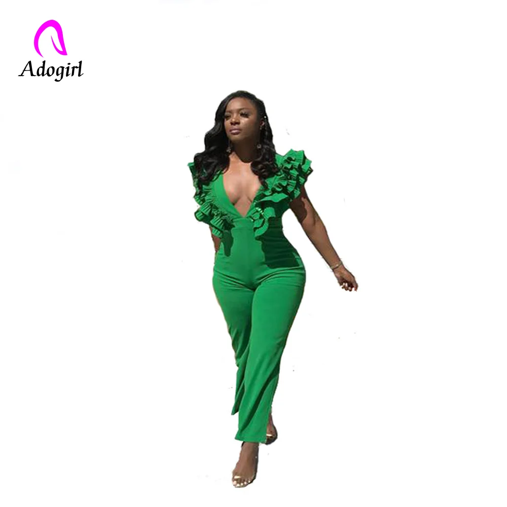 

Adogirl Green Women Jumpsuits Female Overalls Ruffles Deep V Neck Sexy Bodysuits Backless Elegant Summer Playsuits Rompers 2019