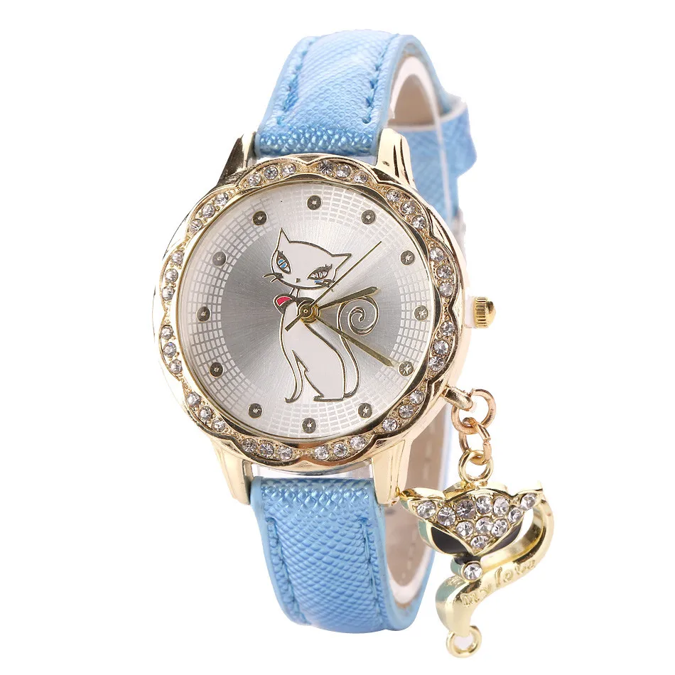 Fashion Cute Cat Pattern Women Girl Watch Luxury Diamond Analog Leather