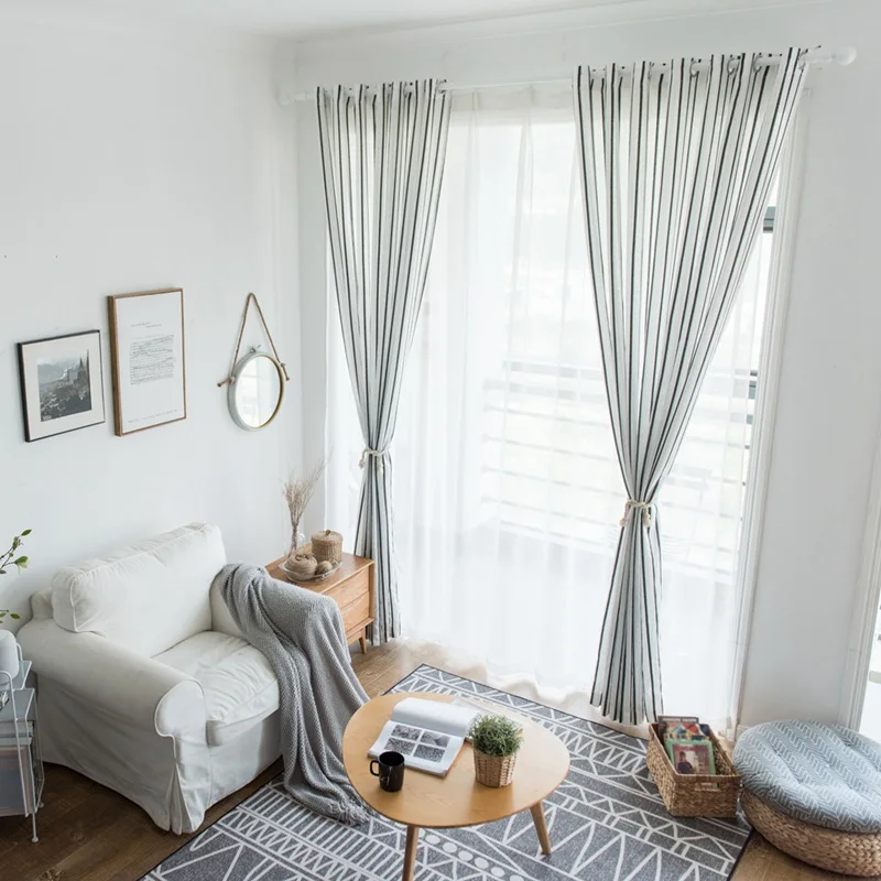 

Nordic simple striped curtains practical easy convenient to install detach soft lightweight gauze curtain washable dry cleanable