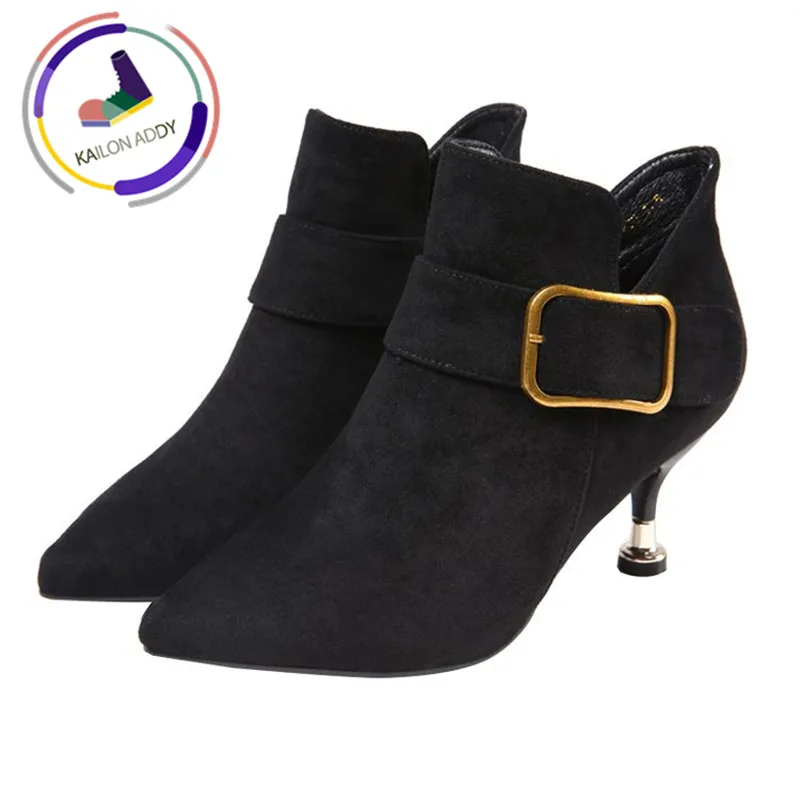 

KAILON ADDY 2019 Autumn and Winter New Women's Boots Suede Belt Buckle High Heels Short Tube Personality Boots Fashion Shoes