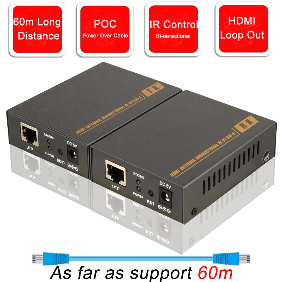 

2019 HDMI Extender with IR & Loop Out 1080P HDMI Extender 60m No Loss RJ45 to HDMI Extender Transmitter Receiver over Cat5e/Cat6