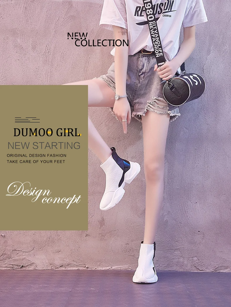 Dumoo Brand Autumn Elastic Socks Shoes Women Sneakers Knitting Casual Boots Heel 5cm Platform Wedges Lady Shoes zapatos de mujer