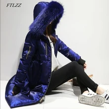 FTLZZ Зимний пуховик для женщин большой меховой воротник с капюшоном утиный пух Длинные велюровые парки Пальто Женская теплая зимняя верхняя одежда