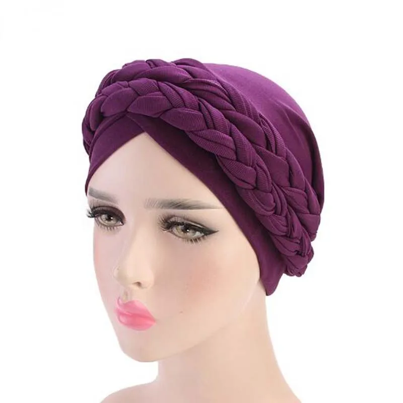 Богемный Национальный Твист коса Skullies Beanies весна осень бренд тюрбан шапки для женщин модная шапочка для химиотерапии - Цвет: Фиолетовый