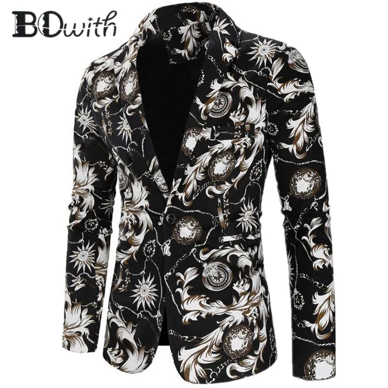 

2019 Newest Arrival Black Men Blazer Jacket Printed Casual Long Sleeve Notched Collar Men Coat for Party Groom Holiday