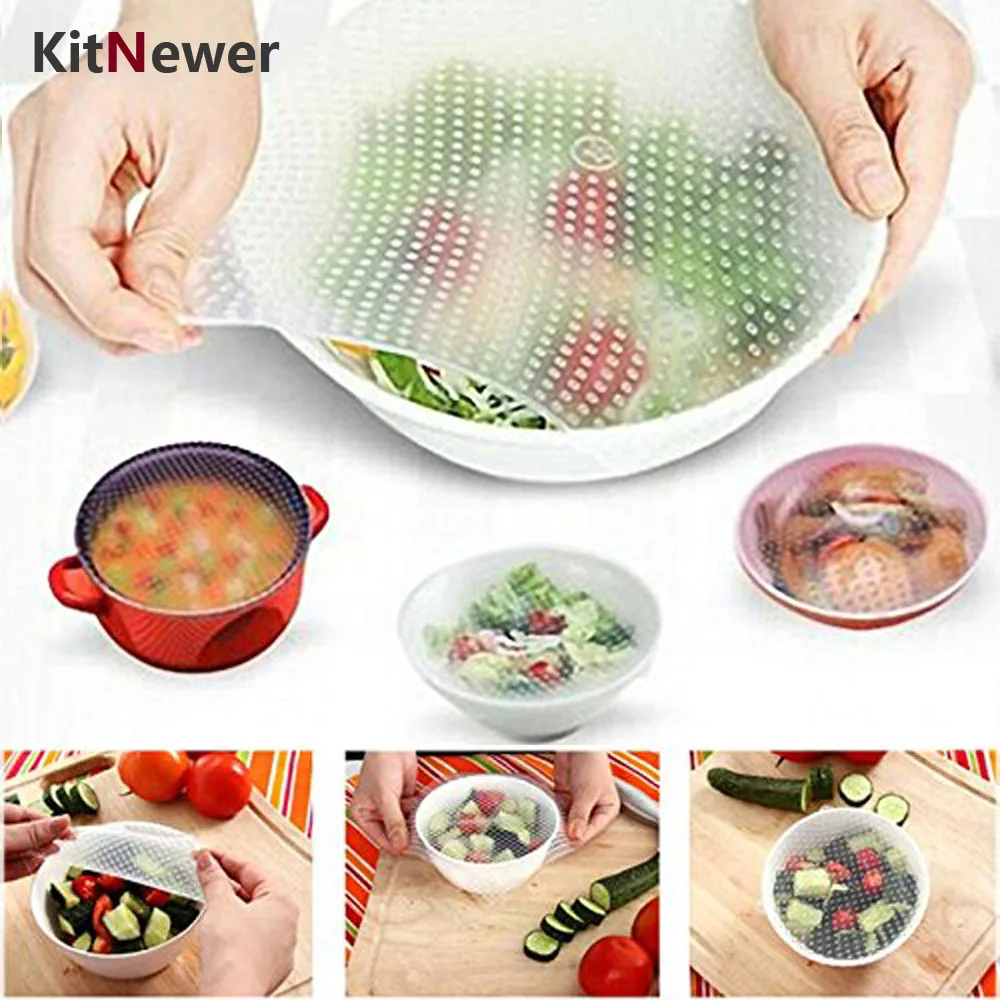 4pcs//Set Reusable Silicone Bowl Food Fresh Keeping Wrap Stretch Seal Cover Film