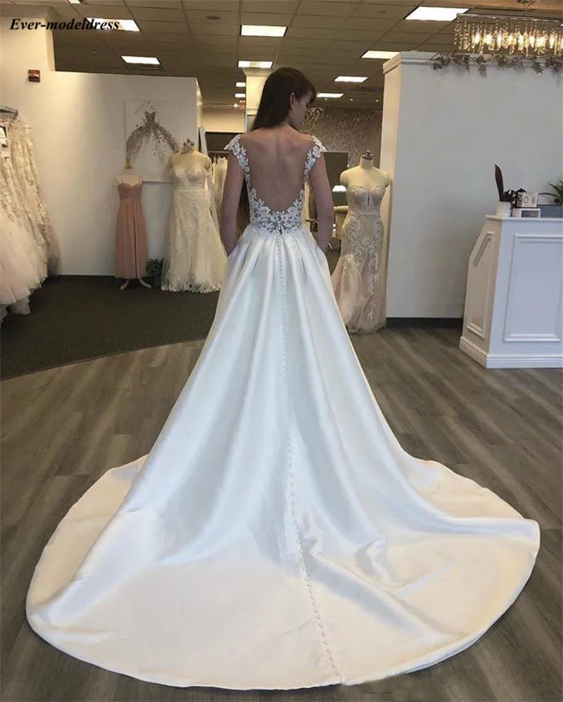 Скромный Атлас 2019 свадебные платья, аппликации из кружева блестками свадебные платья с глубоким вырезом на спине abito да sposa