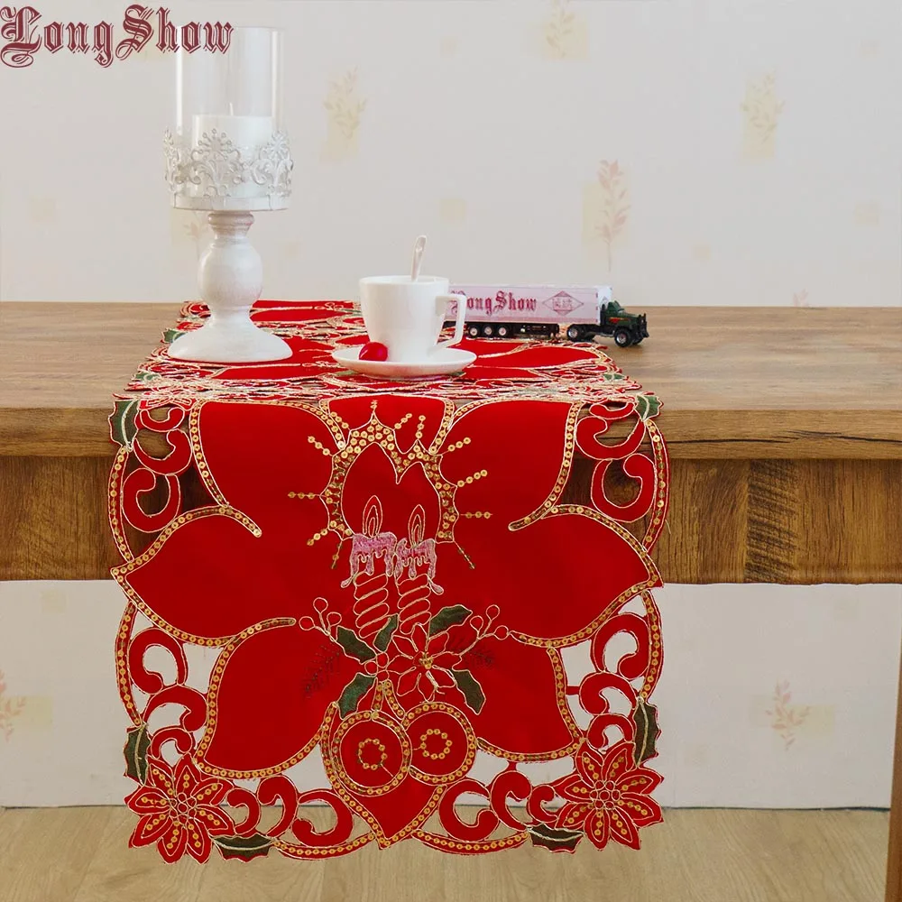 

Christmas Birthday Party Decorative Gold String Sequin Table Runner Handmade Satin Cutwork Embroidered Table Cover