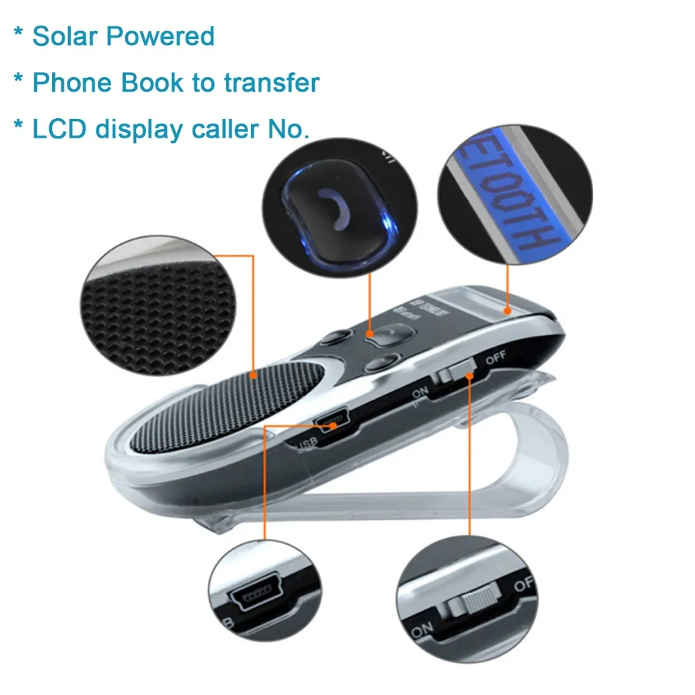 

Free Shipping Solar Powered Bluetooth Car Kit LCD Display Hands Free Bluetooth Speaker with car harger Libres Bluetooth Car Kit