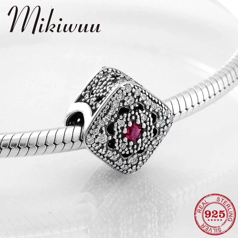 

925 Sterling Silver square shape Hollow charms red and crystal CZ beads Jewelry Making Fit Original Pandora Charms Bracelet