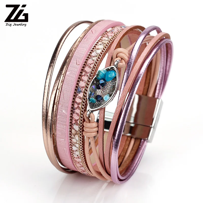 

ZG Latest Leather Bracelet Women Jewelry in 3 Colors with Peacock Blue Crystal Charms 19cm Women Jewelry