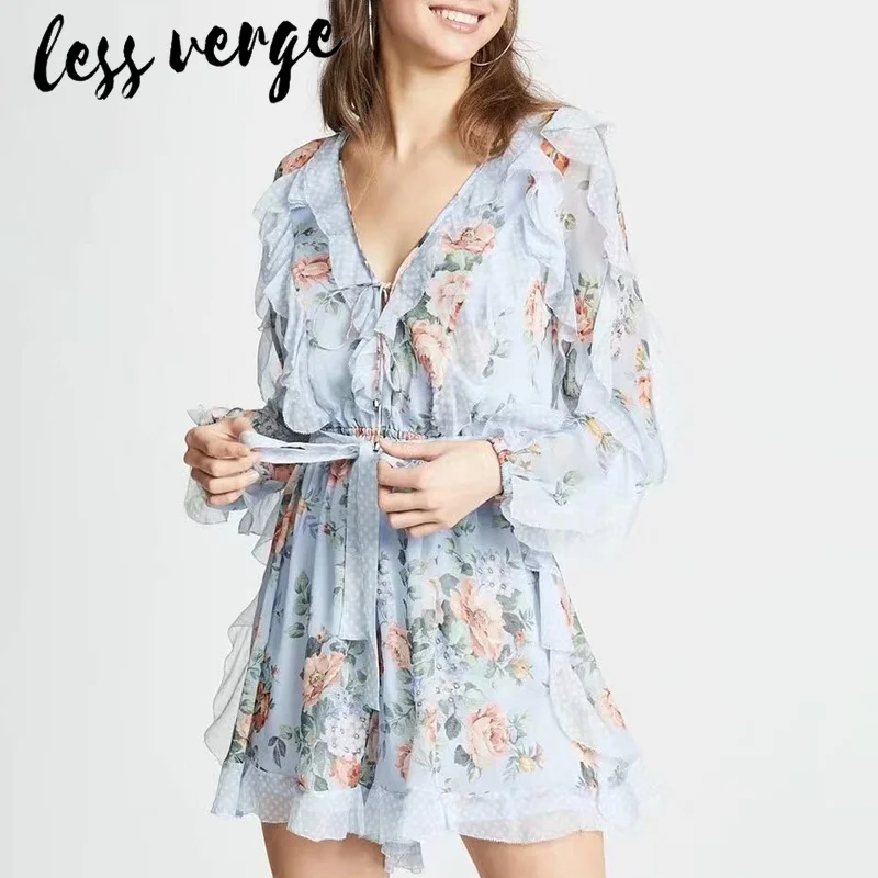Lessverge بوهو الأزهار طباعة الأزرق الكشكشة فستان صيفي النساء v الرقبة الدانتيل يصل أنيقة اللباس عارضة فضفاض الزنانير قصيرة الشاطئ اللباس