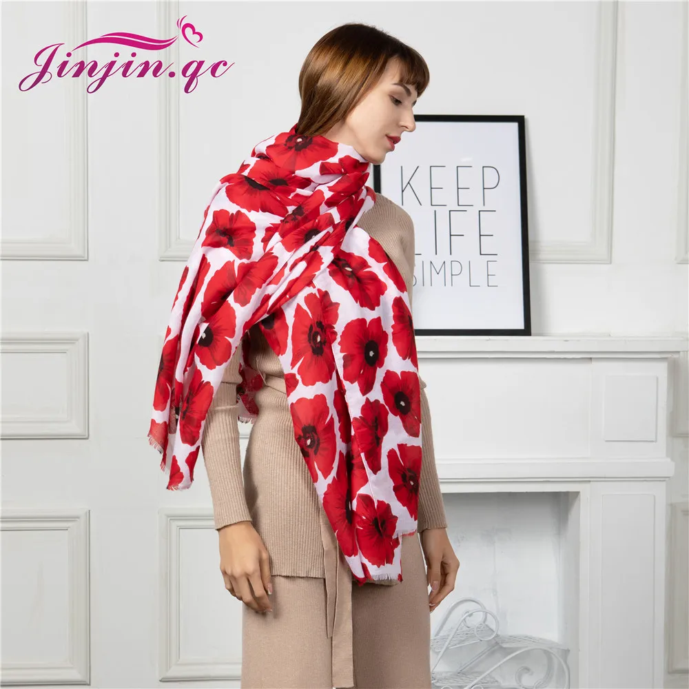 

Jinjin.QC, новый женский шарф, материал хлопок, полиэстер, цветочный узор, белые и красные повседневные шарфы, 180x90 см, Всесезонная легкая одежда