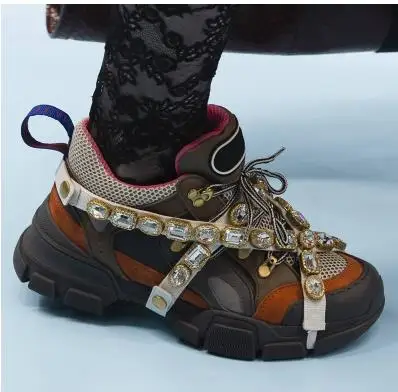 Роскошная брендовая разноцветная обувь на платформе ручной работы с украшением в виде кристаллов; коллекция года; женские ультра-кроссовки на шнуровке; предварительный заказ