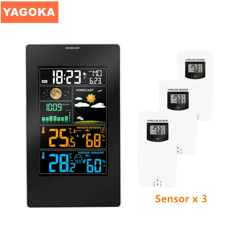 

Indoor and Outdoor Three Sensors Colorful LCD Display Weather Station With Weather Forecast Radio control Time