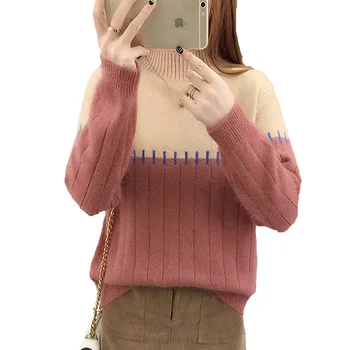

Fashion Patchwork Woman Sweaters Half Turtleneck Thick Knit Wool Pullover Ladies Casual Wool Knit Pullover Sweaters RE0237