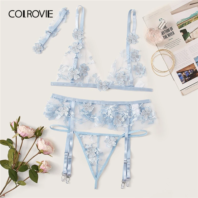 Goedkoop COLROVIE Blauw Applique Sheer Garter Sexy Lingerie Set Met Choker Vrouwen Intimates 2019 Transparante Bh En Thongs Ondergoed Set