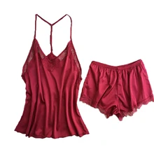 Дизайн для женщин короткие пижамный комплект сексуальное атласное белье Cami комплект кружево спагетти бретели для нижнего белья спинки шелковой ночной рубашк