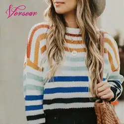 Versear женский свитер Цвет полосы контрастного Цвет топы с длинными рукавами 2019 осень-зима Повседневное вязаный джемпер, пуловер трикотажный