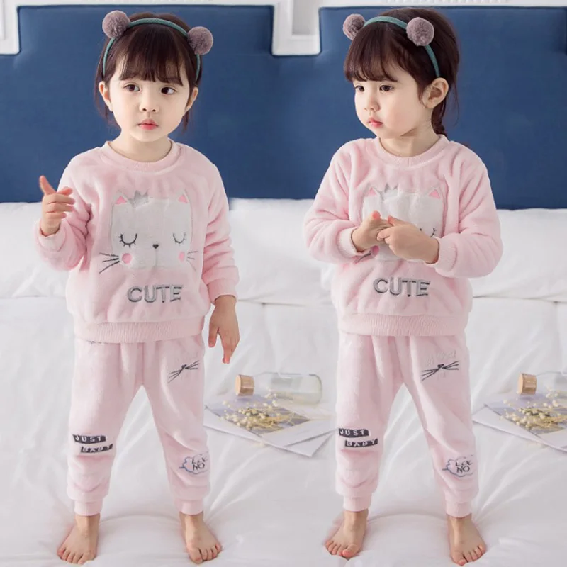 

Winter Children's Clothes Cute Cat Kids Pajamas Girls Baby Homewear Flannel Full Sleeve Cartoon Sleepwear Two Piece Nightwear