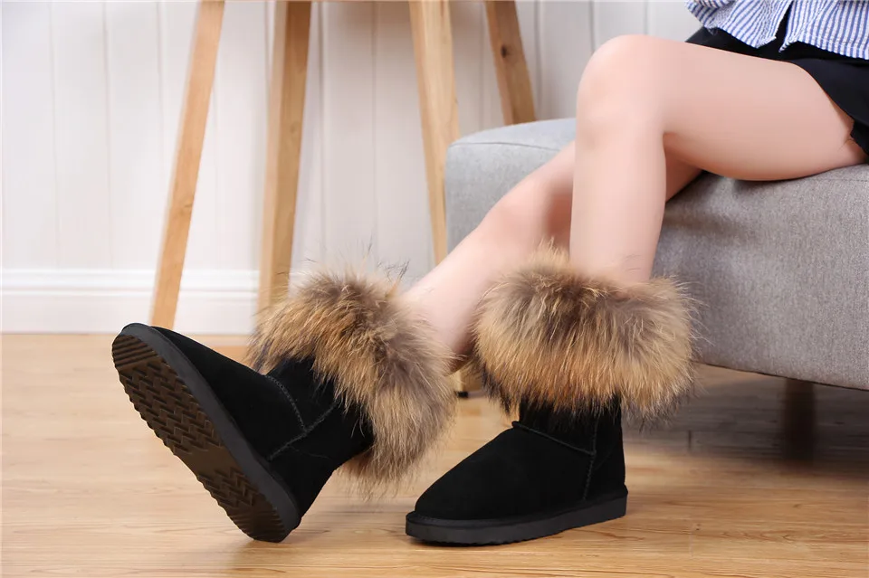 MBR FORCE Fashion Women's Natural Real fox Fur Snow Boots Genuine Cow Leather women Boots Female Warm Winter Boots Shoes