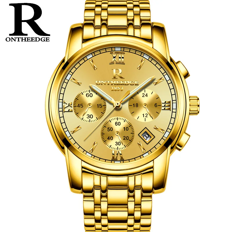 

Multifunction Mens gold luxury watches quartz man watch stainless steel waterproof Business Switzerland ONTHEEDGE brand clocks