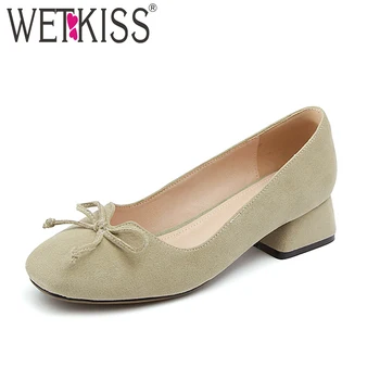

WETKISS 2019 Thick Heels Women Pumps Flock Square Toe Butterfly Knot Footwear Spring Fashion Shallow Shoes Ladies Big Size 43