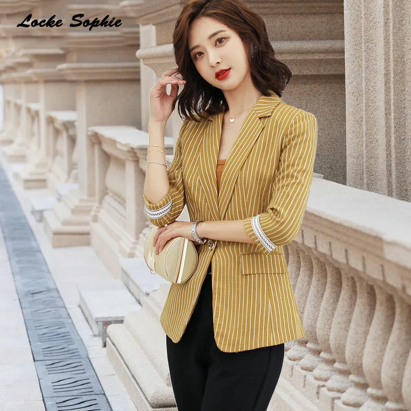 Women's Plus size Slim fit Blazers coats 2019 Summer cotton blend stripe Small Suits jackets ladies Skinny Blazers Suits coats
