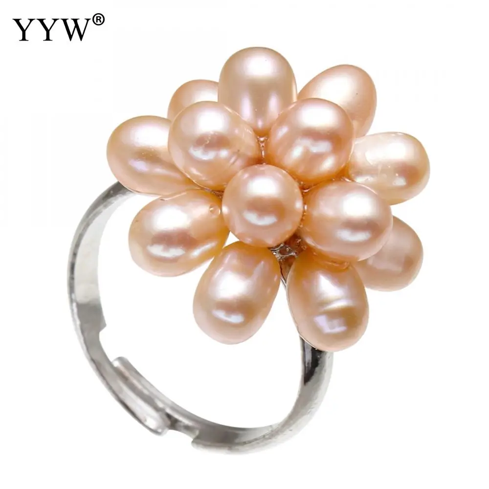 

YYW Adjustable Full Rings Natural Pink Freshwater Pearl Finger Ring Handmade Flower Bridal Wedding Rings for woman