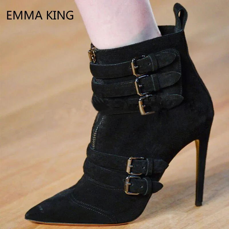 

Women Stiletto Heels Ankle Boots Pointed Toe Martin Boots T-Show High Heels Shoes Suede Belt Buckle Leather Boots Mujer Invierno