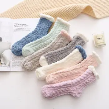 

Warm Socks Women Winter Coral Fleece Two-tone Sock Candy Colors Elastic Force Twist Knitting Solid Lovely Mid Socks Female
