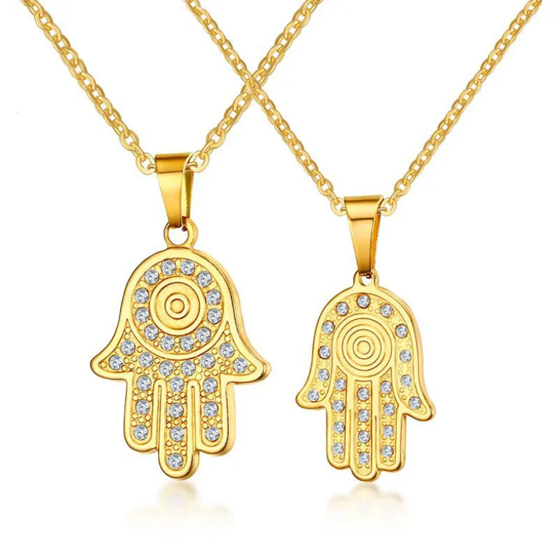 

Europe and America Zircon Hamsa Palm Couple Pendant Fashion Stainless Steel Golden Palm Pendant Necklace