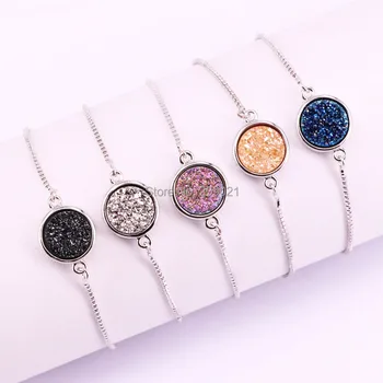 

10Pcs Mix Color Round Titanium Drusy Stone Adjustable Bracelets for Women, Fashion Charm Chain Bracelet