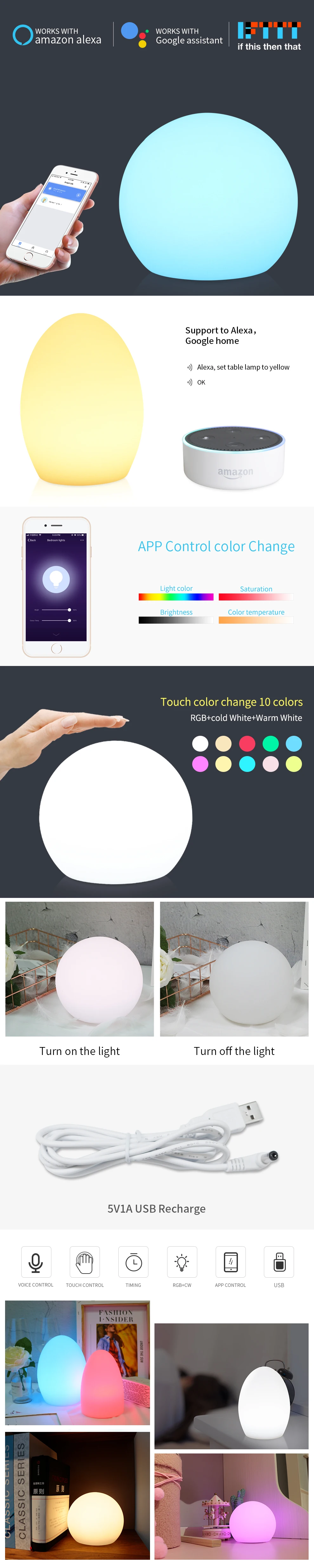 LED Night Light Compatible with Alexa Google Home Children Bedroom lights Colorful Moon Lamp
