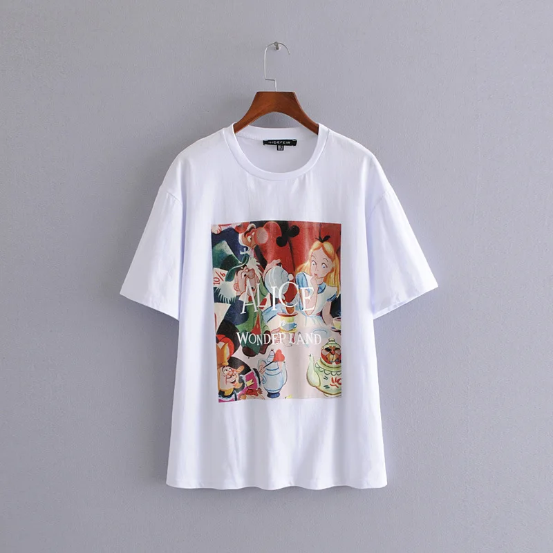 

2019 Women Fashion Cartoon character White T Shirt Summer Letters Tee Casual O neck Short sleeve Long Shirt Female Tops C635