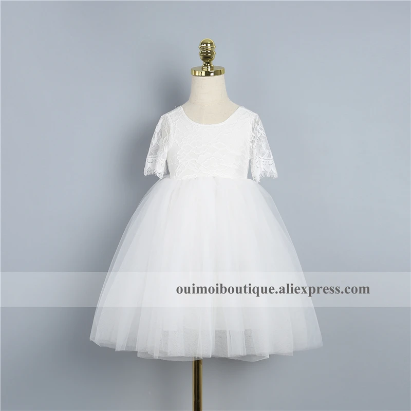 

2019 Summer Lace Sleeves Girls Pink Dress Open Back Princess Lovely Birthday Garments Puffy White Wedding dresses