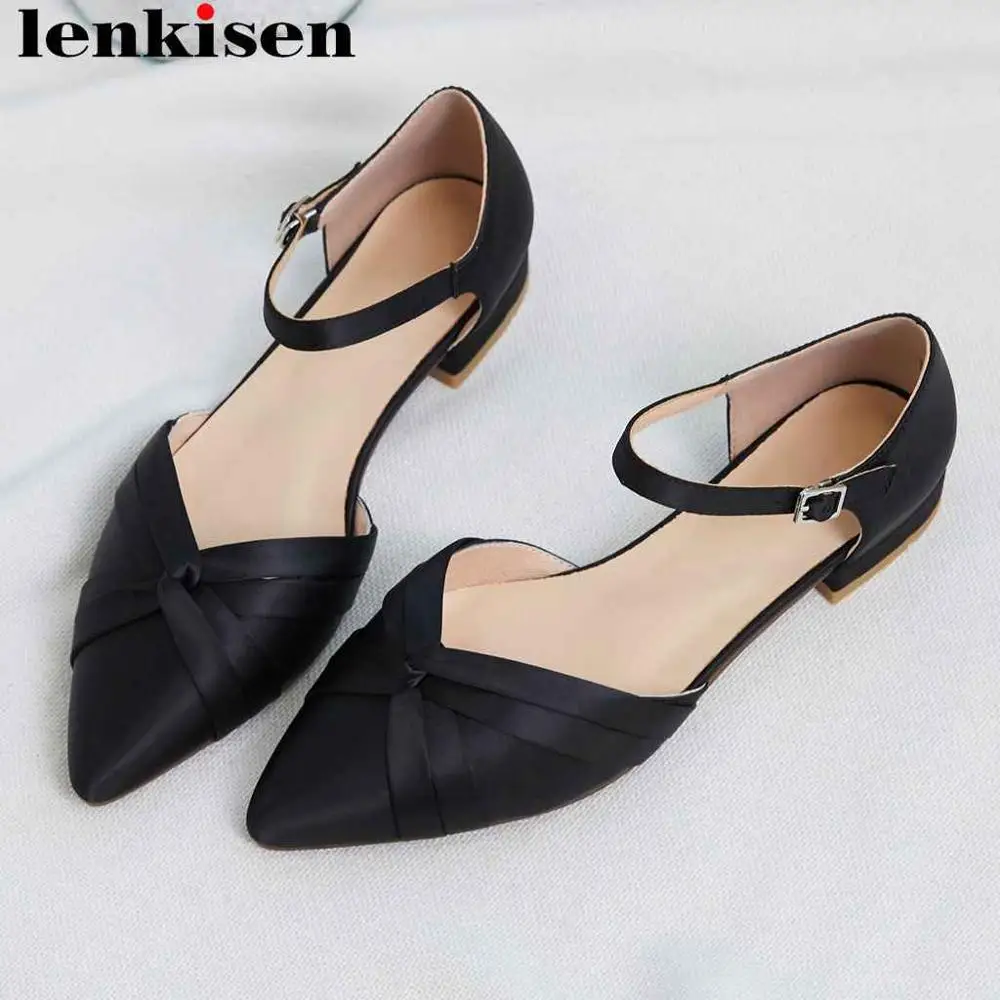

Lenkisen breathable satin buckle strap pointed toe preppy style British school low heels women pumps oxford hollow shoes L12