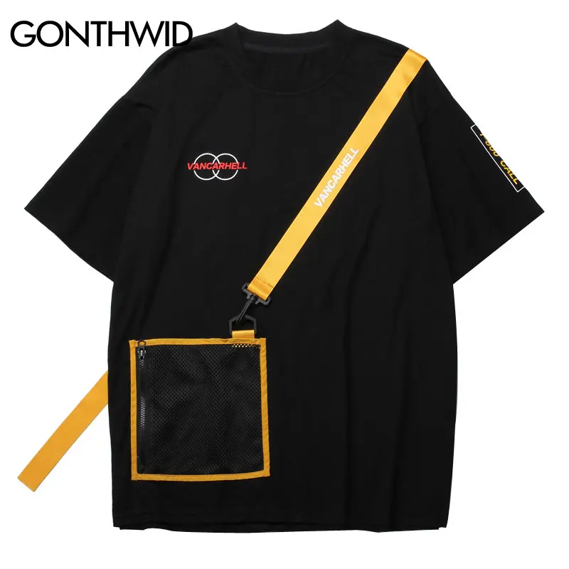 

GONTHWID Ribbon Zipper Pocket Tshirts Streetwear Men 2019 Hip Hop Casual Swag Tops Tees Fashion Harajuku Short Sleeve T Shirts